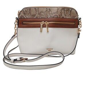 Dune London White Tan Snakeskin Print Crossbody Bag Gold Hardware Mixed Media